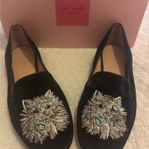 Kate Spade Black Loafers with Cat Embroidery